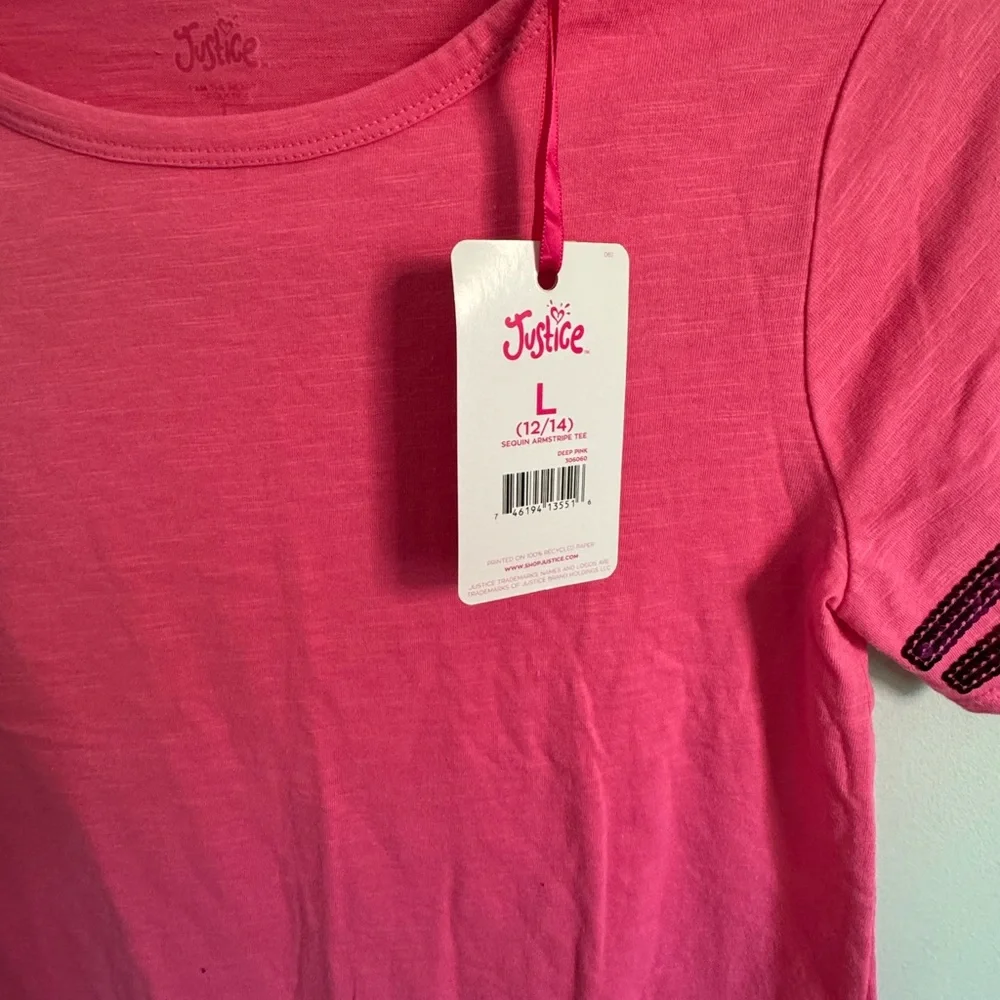 NWT Justice hot Pink Sequin Sleeve jersey style T-Shirt size large 12/14